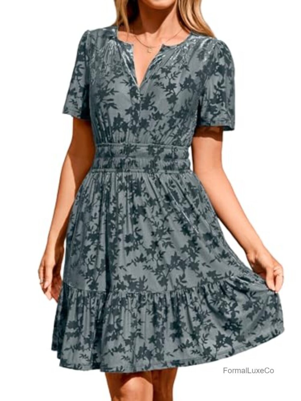 Simplee Velvet Short Sleeve V Neck Empire Waist Mini Dress with Pockets